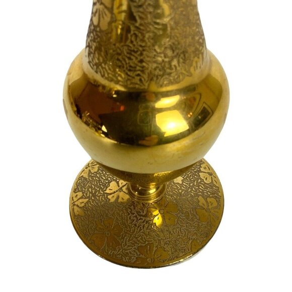 Gold Gilt Plated Etched Glass Bud Vase Floral Design Scalloped Edge Vintage - Picture 3 of 6